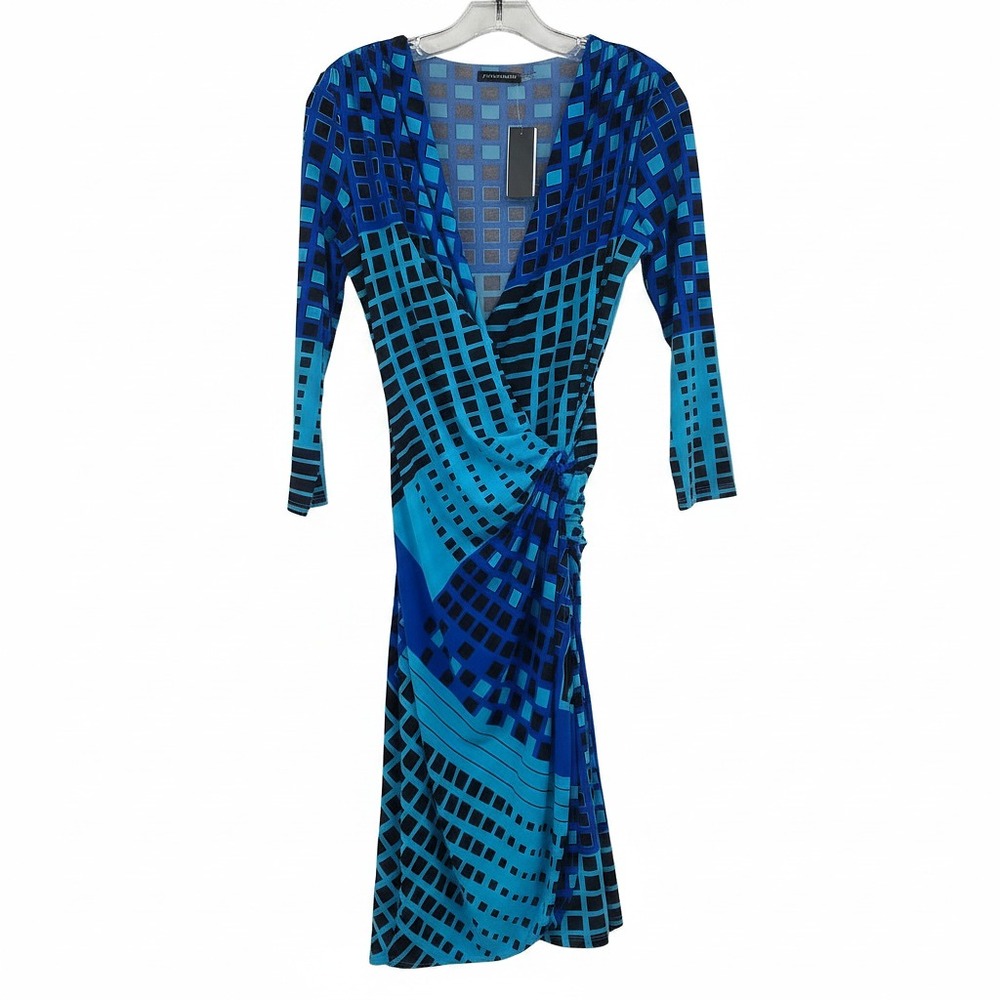 Natori Blue/Black Geometric Print Wrap Midi Dress | XS Regular